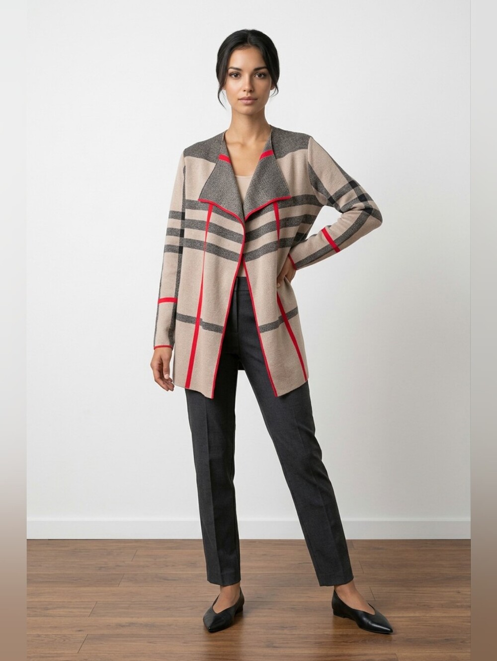 Open-Front Plaid Trench Coatigan in Beige with Red Trim